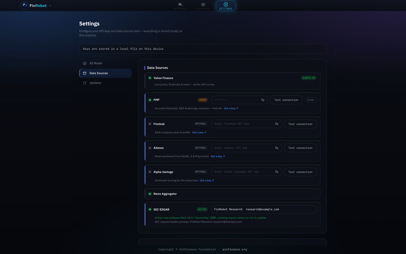 Data source settings showing each provider's health state