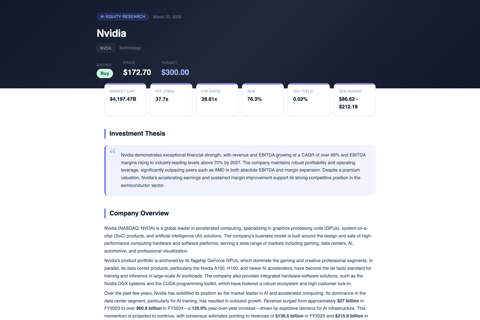 Generated equity research report: rating, price target, key metrics and the investment thesis