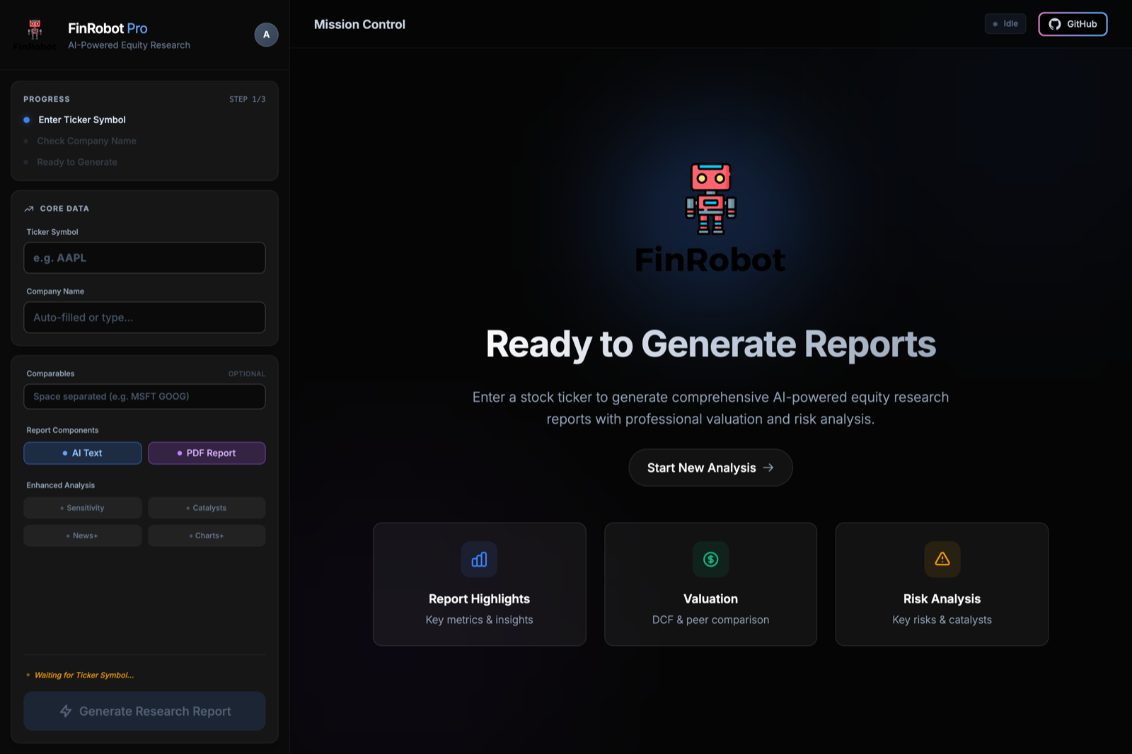 The web interface: ticker, comparables, report components and enhanced-analysis toggles on the left; run status on the right